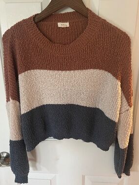 debut Chunky Colorblock Cropped Crewneck Sweater. Earth tones.  Small